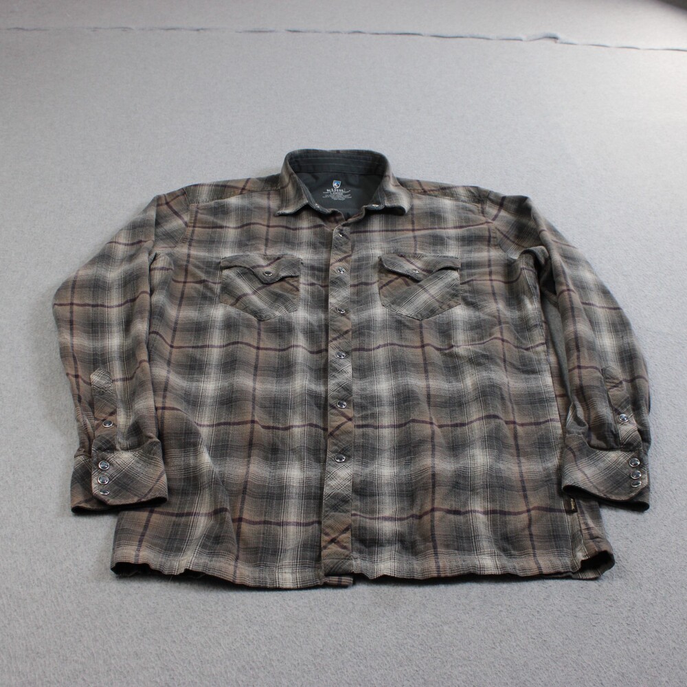 Kuhl Shirt Men Large Brown Check Snaps Outdoor Hike Performance Western Shacket